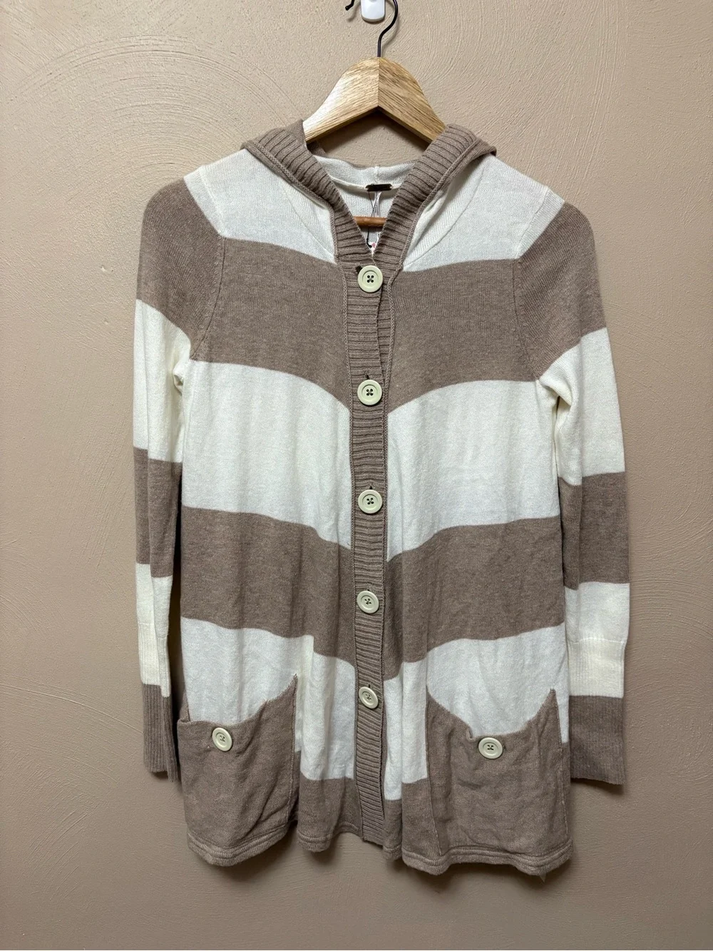 Free People Cream Tan Striped Button Cardigan Size XS NWT New